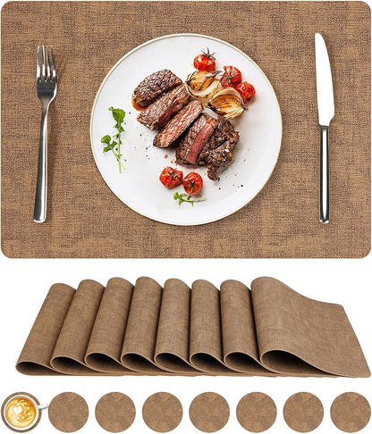 Vinyl Placemats Set of 8, Faux Leather Waterproof and Heat Resistant Place Mats, Washable Anti-Slip Table Mats with Coaster, Wipeable Placemats for Indoor & Outdoor 17" x 12" (Light Brown, Set of 8)