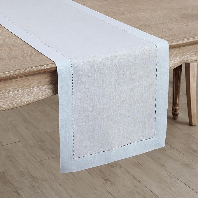 Solino Home Linen Light Blue Table Runner 108 Inches Long - 100% Pure Linen 14 x 108 Inch Table Runner for Winter, Spring, Easter - Classic Hemstitch