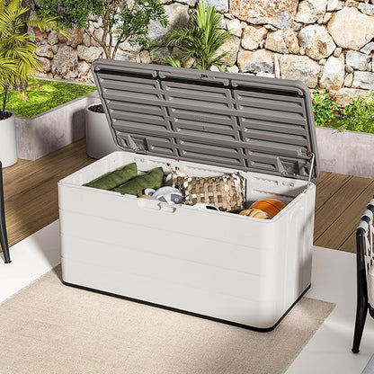 100 Gallon Plus Resin Deck Box, Waterproof Outdoor Storage Box for Patio Furniture, Garden Tools, and Pool Accessories, Lockable UV-Resistant Storage Bin Bench Cabinet for Outside, White