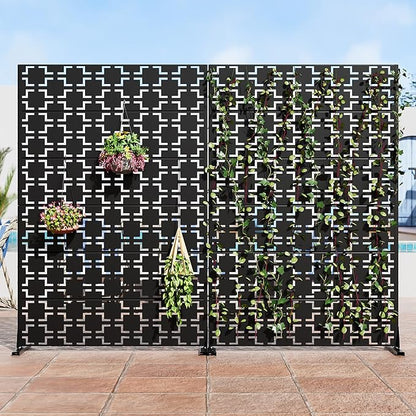 Casaphoria Metal Privacy Screen Outdoor, 72" H x 47" W Freestanding Decorative Privacy Screen for Patio Deck Balcony Garden with Stable Base, Black-Brick