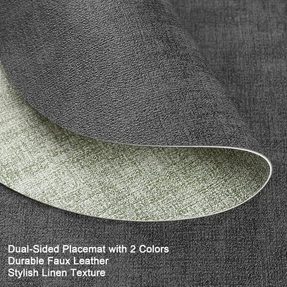 Placemats and Coasters, Washable Reversible Placemats Round Faux Leather Wipeable Place Mats Non Slip Heat Resistant Indoor Outdoor Table Mats (Set of 6, Gray Green)