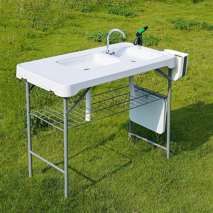 Allpop Fish Cleaning Table with 2 Sinks & Grid Rack, 42.5'' Portable Folding Camping Fish Station with Foldable Faucet, Drainage Hose, Sprayer, Storage Box, Drawer & Grooves for Picnic, White