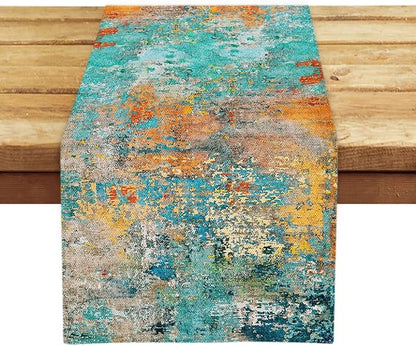 OYIMUA Modern Abstract Teal Yellow Colorful Table Runner 13 x 90 Inches Summer Runners for Tables Rustic Spring Fall Decorations for Home Indoor Outdoor Table Decor
