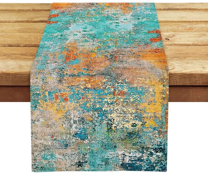 OYIMUA Modern Abstract Teal Yellow Colorful Table Runner 13 x 36 Inches Summer Runners for Tables Rustic Spring Fall Decorations for Home Indoor Outdoor Table Decor