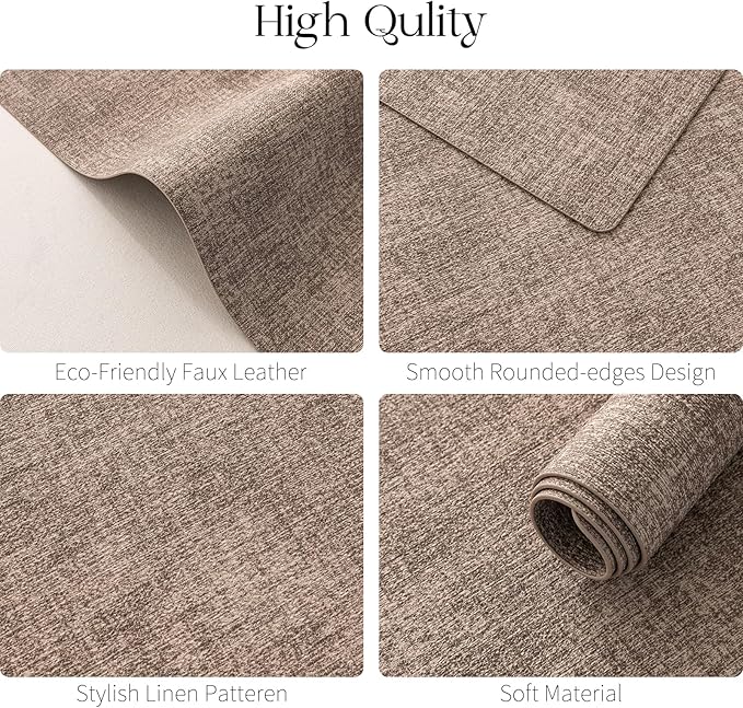 MOSAYT Placemats Set of 4, Heat Resistant Vinyl Place Mats with Coasters, 100% Waterproof Wipeable Washable Faux Leather Table Mats for Kitchen Dining Party Indoor Outdoor, 12" x 17", Khaki