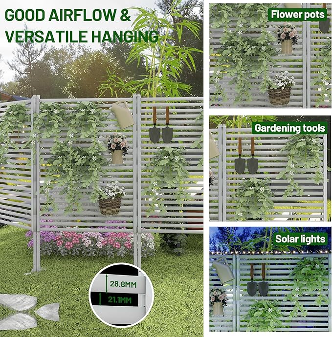 Outdoor Privacy Screen Fence with Feet Stand 3FT x 6FT, Freestanding Fence Privacy Screen for Outside, Metal Pipes and Slats Panels Divider Stake for Garden Patio Balcony Backyard White