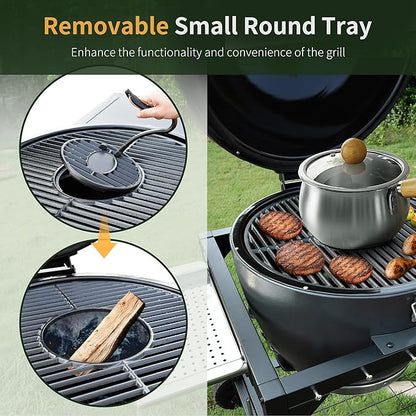 Brand-Man Charcoal Grill & Smoker Steel Kamado - 22" Cast Iron Grates, Grilling Basket, Large Prep Table Cart, Ideal for Outdoor Cooking