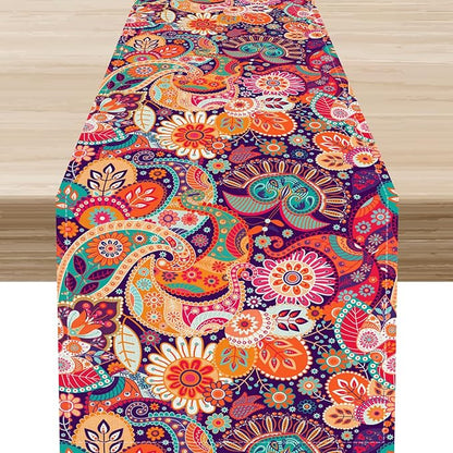 Purple Paisley Table Runner, Rustic Damask Antique Floral Flower Retro Boho Mandala Indian Bohemian Vintage Table Center Decor for Family Kitchen and Living Room Country Table Decorations, 13" X 108"