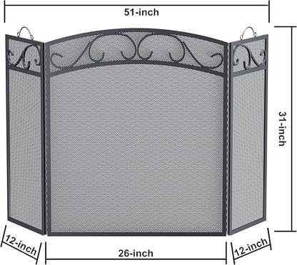 Fire Beauty Fireplace Screen 3 Panel with Handles Wrought Iron 51"(L) x31(H) Spark Guard Cover(Black)