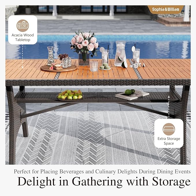 Sophia & William 74 inch Outdoor Dining Table, Acacia Wood & Wicker Patio Dining Table for 6-8 Person, Metal Legs & Adjustable Foot Pads, Large Rectangular Table for Garden, Porch, Backyard
