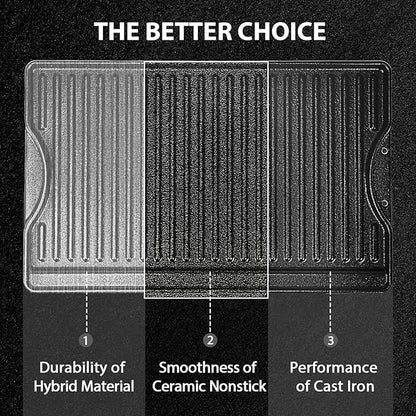 Utheer Nonstick Reversible Cast Iron Griddle 16.5" x 10.5", Ceramic Cooking Surface, Flat & Ribbed Sides, with High Sides & Grease Trap, Stovetop Griddle for Gas Grill, Charcoal, Oven & Outdoor BBQ