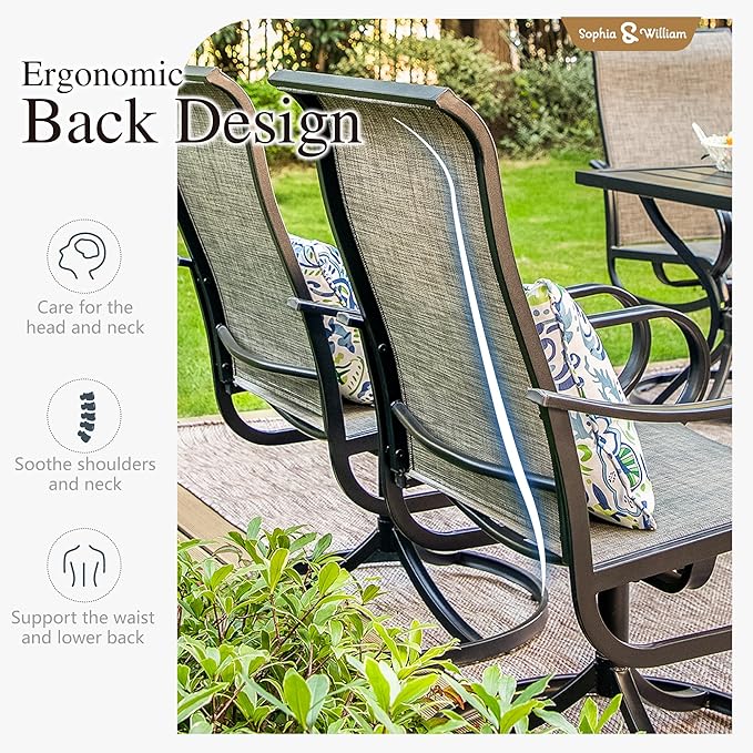 Sophia & William Patio Dining Set 7 Pieces Outdoor Patio Set for 6, Swivel Chairs Textilene and Metal Dining Table Patio Furniture All Weather for Lawn Garden Backyard Pool