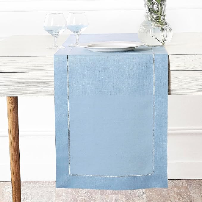 D'Moksha Homes Linen Powder Blue Table Runner 84 Inches Long - 100% Pure Linen Table Runner 14 x 84 Inch for Spring, Easter - Classic Hemstitch