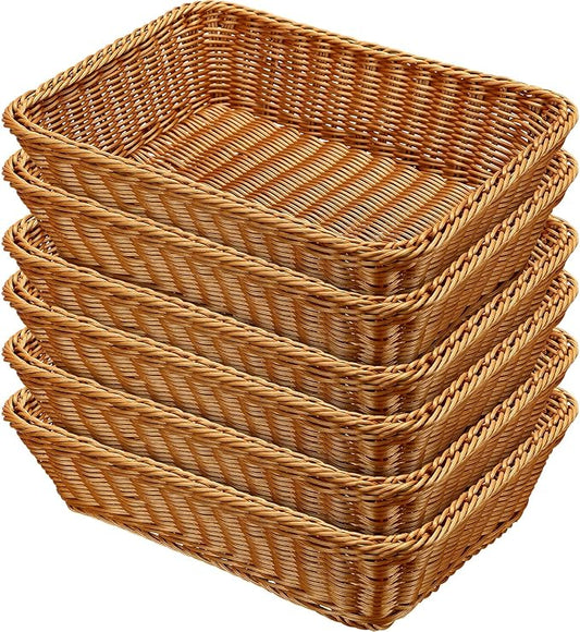Eccliy 6 Pack Wicker Bread Baskets 15.8 Inch Woven Serving Basket for Gifts, Poly Wicker Storage Rectangle Rattan Display Trays for Bread Food Vegetables Fruit Snacks Tabletop Restaurant Home
