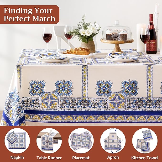 Maison d' Hermine Premium Table Cloth Rectangle Table 100% Combed Cotton 140 x 70 Inches Tablecloth Reusable Decorative for Dining Room, Farmhouse, Home, Party, Festive & Wedding - Sciacca