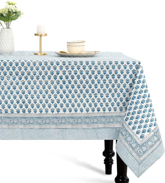 CPC Apatite Blue Floral Hand Block Printed 100% Cotton Tablecloth 60x108 Rectangular Reusable and Washable Boho Dining Table Cloth Thanksgiving
