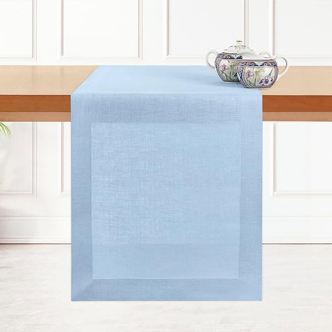 D'Moksha Homes Linen Powder Blue Table Runner 84 Inches Long - 100% Pure Linen 14 x 84 Inch Table Runner for Dining, Winter, Holiday - Machine Washable