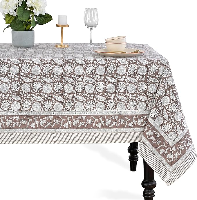CPC Rustic Brown Tablecloth 100% Cotton 60x60 Inch Indian Block Print Rectangle Table Cover, Table Cloth for Gifting in Weddings, Halloween, Fall, Christmas, Thanksgiving