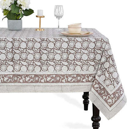 CPC Rustic Brown Tablecloth 100% Cotton 60x60 Inch Indian Block Print Rectangle Table Cover, Table Cloth for Gifting in Weddings, Halloween, Fall, Christmas, Thanksgiving