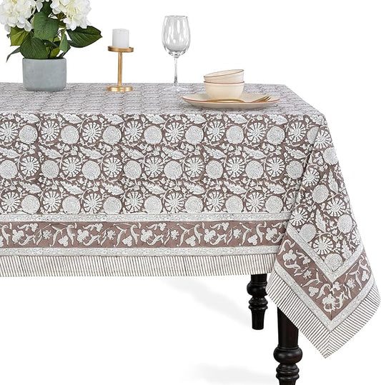 CPC Rustic Brown Tablecloth 100% Cotton 60x60 Inch Indian Block Print Rectangle Table Cover, Table Cloth for Gifting in Weddings, Halloween, Fall, Christmas, Thanksgiving