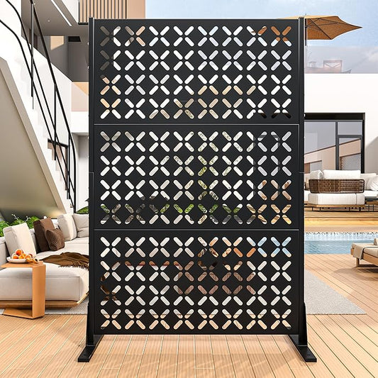 Metal Privacy Screen Outdoor, 72" H Freestanding Privacy Fence with Sturdy Stands, Decorative Privacy Panels Shield for Courtyard, Balcony, Garden and Other Indoor Places(X-Shaped-Fence)
