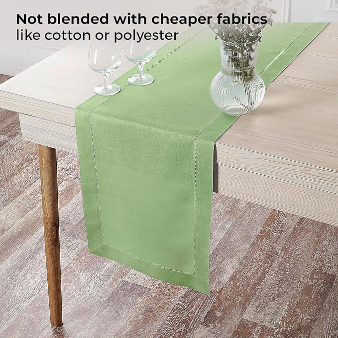 D'Moksha Homes Linen Sage Green Table Runner 108 Inches Long - 100% Pure Linen 14 x 108 Inch Table Runner for Spring, St Patricks Day, Easter - Classic Hemstitch