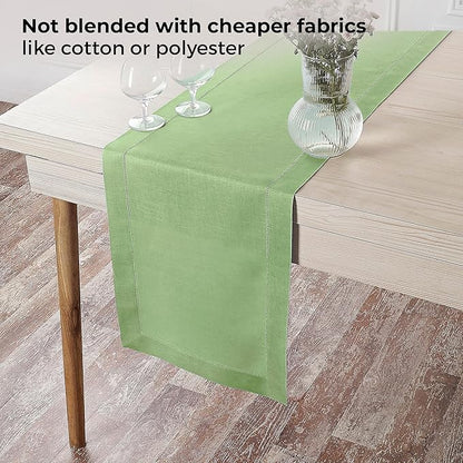 D'Moksha Homes Linen Sage Green Table Runner 144 Inches Long - 100% Pure Linen Extra Long Table Runner 14 x 144 Inch for Spring, St Patricks Day, Easter - Classic Hemstitch