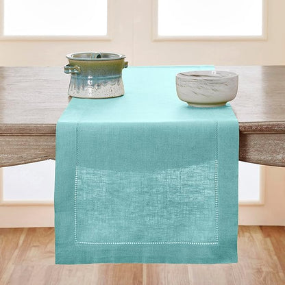 Solino Home Linen Aqua Blue Table Runner 156 Inches Long - 100% Pure Linen Extra Long Table Runner 14 x 156 Inch for Winter, Spring, Easter - Classic Hemstitch