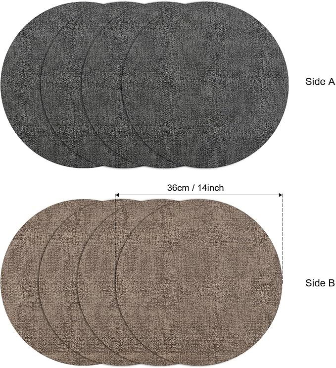 Myir JUN Round Placemats, Dual Sided Faux Leather Place Mats Set of 4 Indoor/Outdoor Non-Slip Washable Table Mats (Gray Brown, Set of 4)