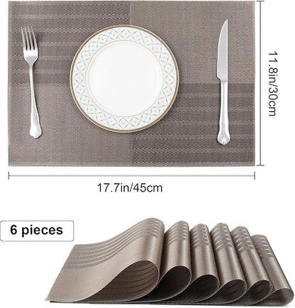 fanquare Vinyl Woven Placemats Set of 6 Classic Stylish Brown Patchwork Striped PVC Placemat for Dining Table Washable Non-Slip Waterproof Table Mats