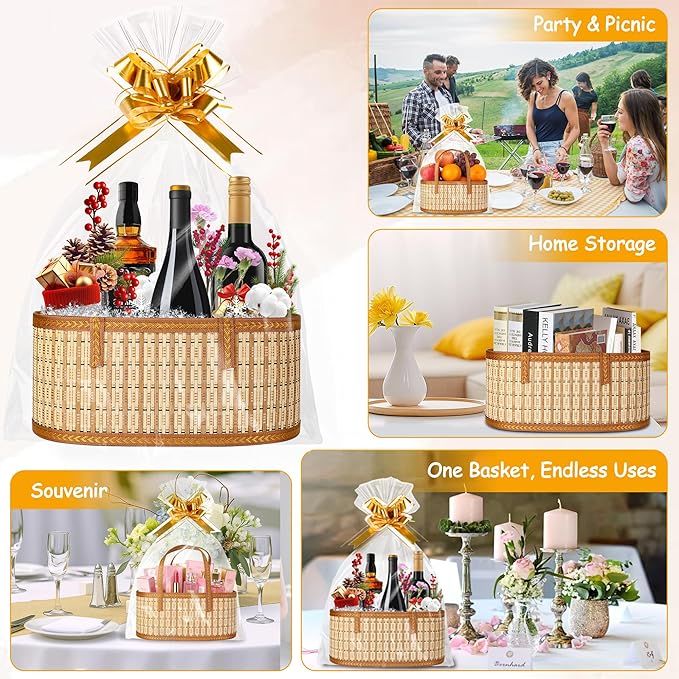 Leevcok 3 Set Baskets for Gifts Empty, Large Bamboo Gift Basket with Handle, Foldable Reusable Decorative Woven Basket for Christmas, Baby Shower, Mother's Day, Housewarming, Wedding