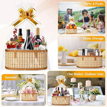 Leevcok 2 Set Baskets for Gifts Empty, Large Bamboo Gift Basket with Handle, Foldable Reusable Decorative Woven Basket for Christmas, Baby Shower, Mother's Day, Housewarming, Wedding