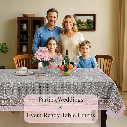 CPC Tablecloth 100% Cotton 72x140 Inch Indian Block Print Rectangle Table Cover, Gray Table Cloth for Weddings, Spring/Summer, Barbeque - Labra Gray