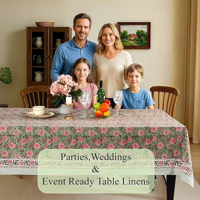 CPC Tablecloth 100% Cotton 70x118 Inch Indian Block Print Rectangle Table Cover, Table Cloth for Weddings, Spring/Summer, Barbeque - Pink Tourmaline