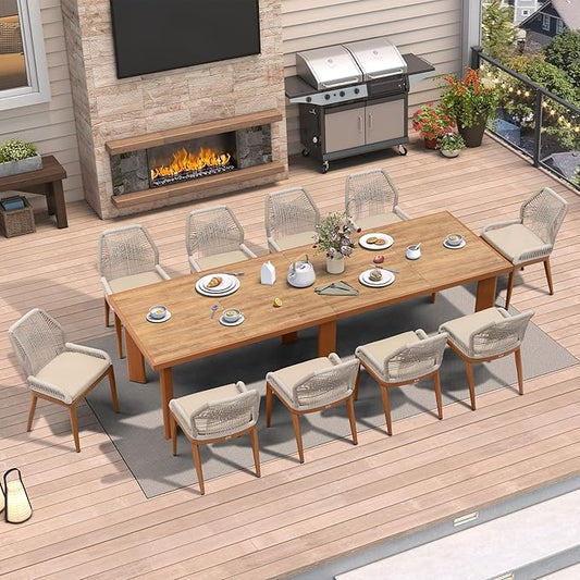 PURPLE LEAF 11 Pieces Dining Set Patio Metal Rectangular Table and Wicker Rattan Chairs for Outside Porch Garden Kitchen Modern Outdoor Furniture Sets