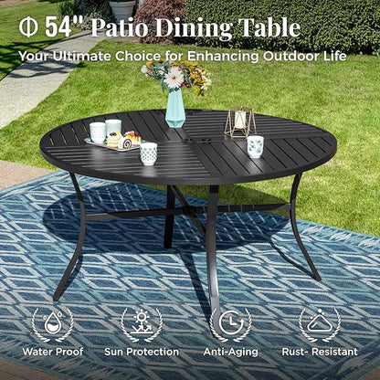 Outdoor Patio Round Dining Table for 6, 54"x 54" Metal Round Table with Adjustable Umbrella Hole, All Weather Wrought Iron Black Outdoor Table for Deck Lawn Garden Backyard, Black