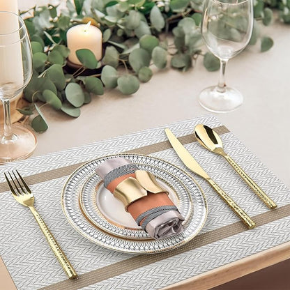 SLKQG Beige White Placemats Set of 6 - Easy Clean Modern Durable Washable Vinyl Place Mats - Heat Resistant Placemats for Kitchen Table - PVC Table Mats for Dining Table (Beige White with Stripes, 6)