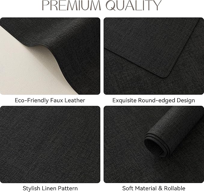 Romanstile Vinyl Placemats Set of 12-12 X 17 Inch - Heat Resistant Place Mats 100% Waterproof Oilproof Wipeable Reversible Faux Leather Table Mats for Kitchen, Dining, Party, Outdoor, Black