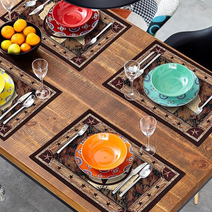 Giwawa Texas Stars Placemats Set of 4, Rustic Western Style Brown Wood Linen Table Mat 12x18 Inch, Vintage Cabin Primitive Decorative Washable Place Mats for Kitchen Dining Desktop Tabletop