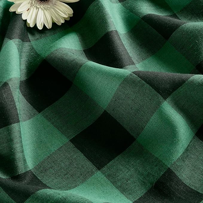 Solino Home Linen Checkered Table Runner 144 Inches Long - 100% Pure Linen Buffalo Check Green and Black Table Runner 14 x 144 Inch Ideal for Dining, Winter