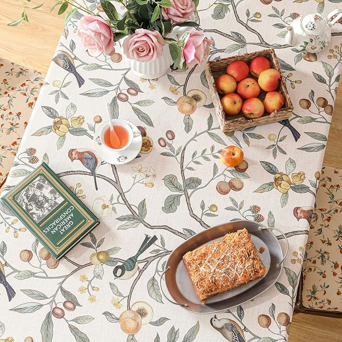 Linen Table Cloth Rectangle,Wrinkle Resistant French Pink Tablecloth Print with Froal,Decor Stitch Table Cloth for Thanksgiving,Dining Room,Home,Kitchen 63" × 87"-Dewey A