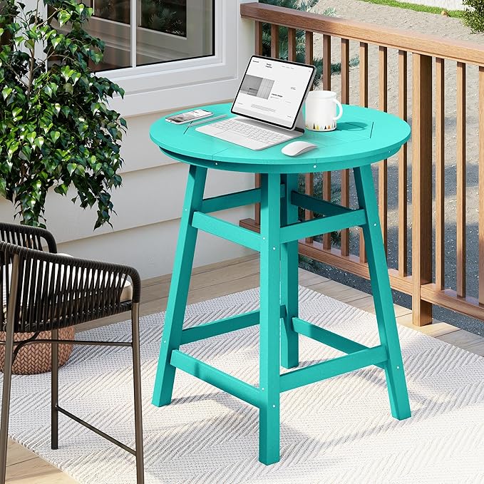Costaelm Patio Bistro Table, 37" Counter Height Round Patio Cocktail Bar Table with Umbrella Hole, Outdoor Bistro Dining Pub Table for Front Porch Deck Backyard Garden, Turquoise