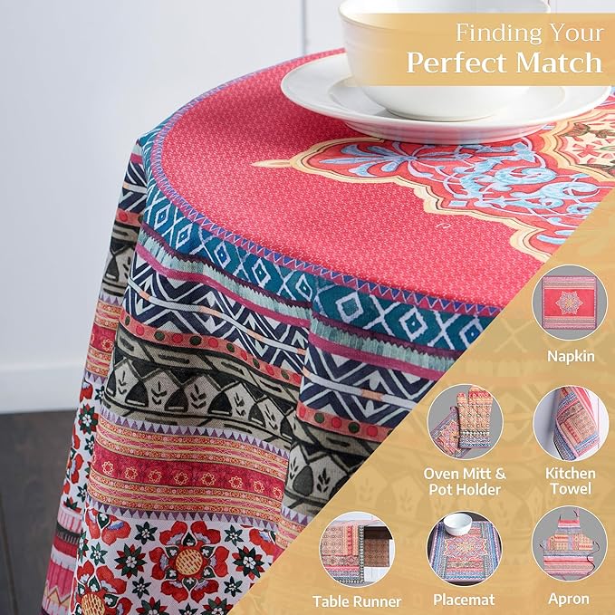 Maison d' Hermine Table Cloth Round Table 100% Cotton 69 Inches Fall Tablecloth Reusable Everyday Use for Thanksgiving Christmas Decorations Dining Farmhouse Party (Ispahan)