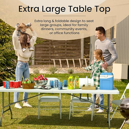 8 Feet Foldable Table with Built in Handle & Steel Legs | Heavy Duty Portable | Perfect for Party, Dining, Wedding, Events, Picnic Indoor, Outdoor, Camping, Utility, Temporary