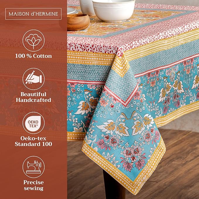 Maison d' Hermine Table Cloth Square Table 100% Cotton 54 x 54 Inches Tablecloth Reusable Decorative Everyday Use for Dining Room, Farmhouse, Home, Party, Festive & Wedding Spring Summer - Marquise