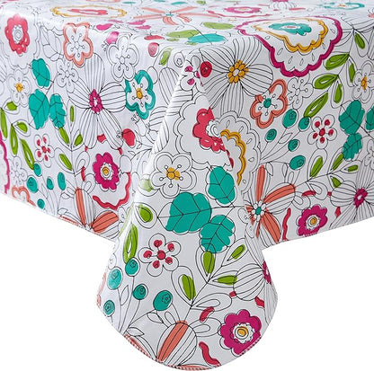 Newbridge Shabby Chic Lily Print 52 x 52 Inch Square Vinyl Flannel Backed Tablecloth, Pink Yellow and Green Lily Indoor and Outdoor Waterproof Vinyl Table Cover for Spring Holiday Party