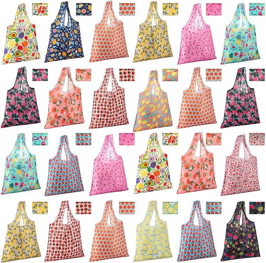 Eccliy 24 Pieces Reusable Grocery Bags Polyester Shopping Bags for Groceries Multi Colors Reusable Foldable Shopping Tote (Fruits Style)