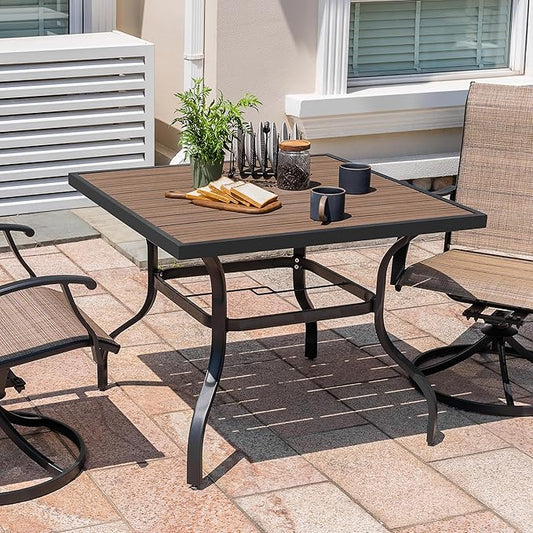 NUU GARDEN Outdoor 37” Square Metal Dining Table, Patio Dining Table with Umbrella Hole, Powder-Coated Metal Table with Faux Wood Tabletop, for Patio, Garden, Backyard and Balcony, Black