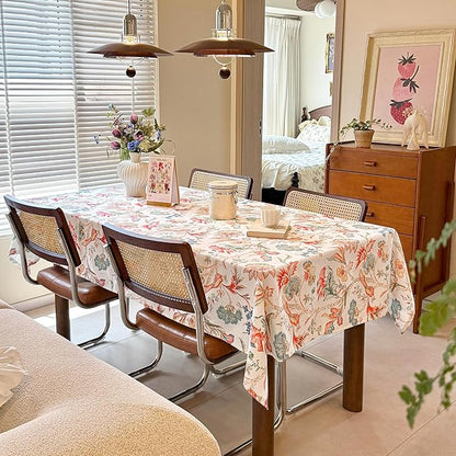 Rectangle Tablecloth, Linen Textured Wrinkle Free Waterproof Table Cloth, Flowers and Birds Fabric Table Cover for Outdoor, Farmhouse, Dining, Kitchen - Spring/Summer, 60 x 120 Inch