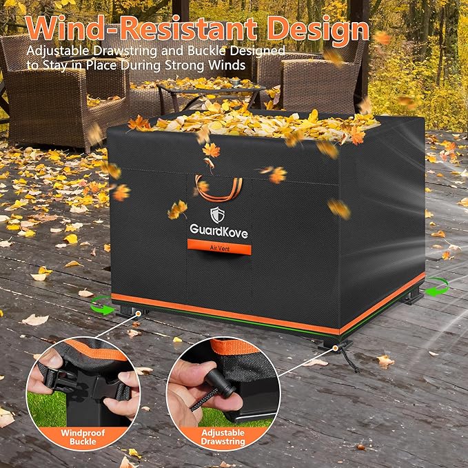 [Upgraded 1000D Heavy Duty Fabric] 44” Fire Pit Cover Square for 41”- 44” Fire Pit/Table, Waterproof Tear & Fade Resistant Firepit Cover with Buckle, Air Vents, Drawstring (44”L x 44”W x 24”H, Black)